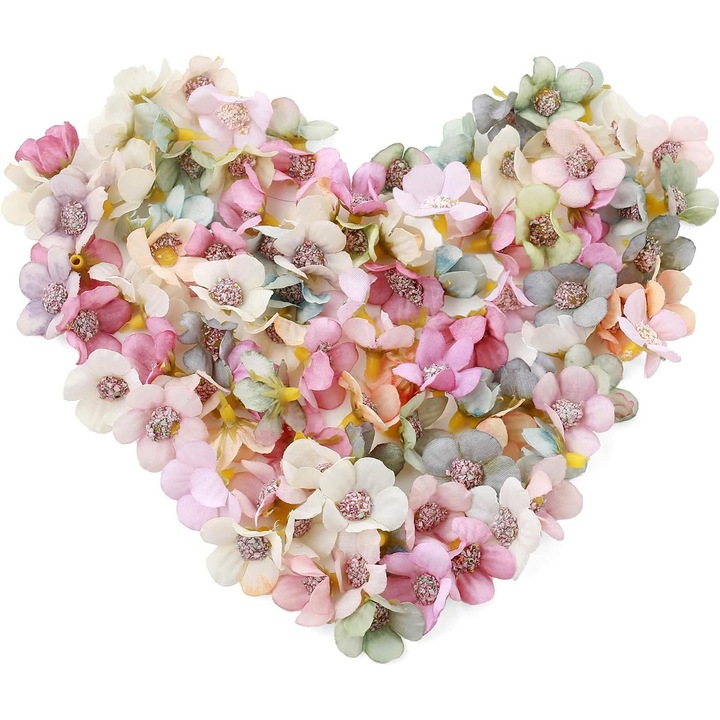 Set 50 capete flori artificiale mini margarete, colorate pastel, diametru 2cm, material textil, interior