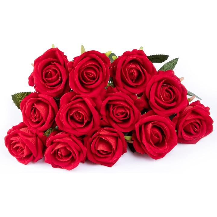 Set 12 trandafiri artificiali roșii, Foshird, matase, 7cm diametru, 47cm lungime tijă