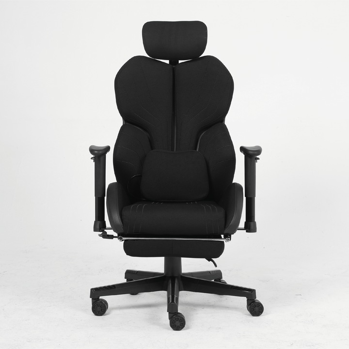 Scaun Gaming, TOP SCAUNE®, Scaun Gaming Ergonomic Cu Masaj Lombar 2 Puncte, Scaun Gaming Cu Suport Picioare Rabatabil, Cotiere 2D Reglabile, Tapiterie Textil Premium Rezistenta, Mecanism Multifunctional, Piston Gaz Class 3, Baza Nylon Solida, Negru