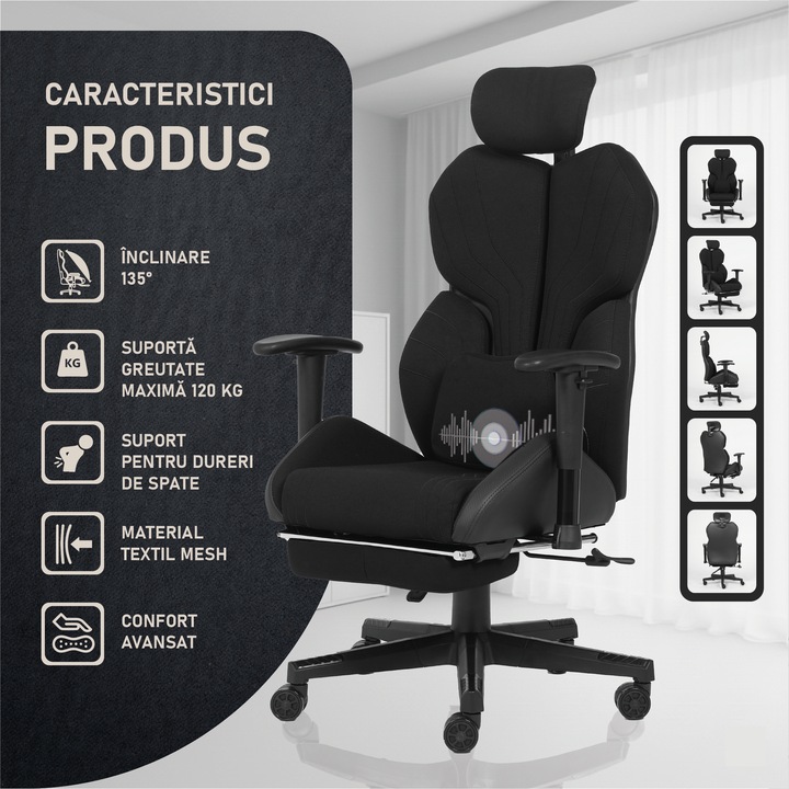 Scaun Gaming, TOP SCAUNE®, Scaun Gaming Ergonomic Cu Masaj Lombar 2 Puncte, Scaun Gaming Cu Suport Picioare Rabatabil, Cotiere 2D Reglabile, Tapiterie Textil Premium Rezistenta, Mecanism Multifunctional, Piston Gaz Class 3, Baza Nylon Solida, Negru