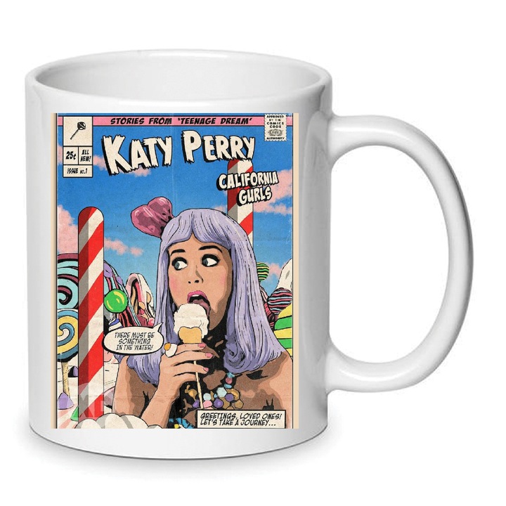 Cana Katy Perry No5, ceramica, 330ml, alb, design minimalist, rezistenta la masina de spalat vase