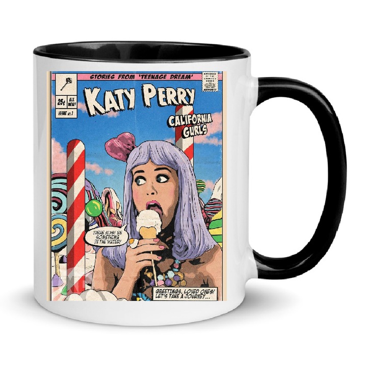 Cana ceramica Katy Perry No5, 330ml, alb cu negru, rezistenta la masina de spalat vase