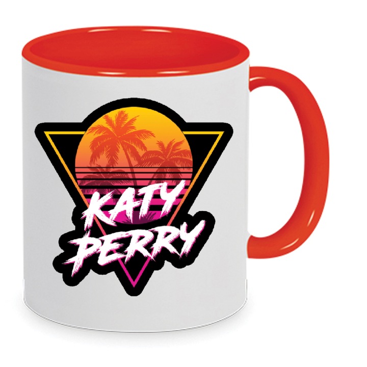 Cana ceramica Katy Perry No8, 330ml, alba cu design rosu, rezistenta la masina de spalat vase