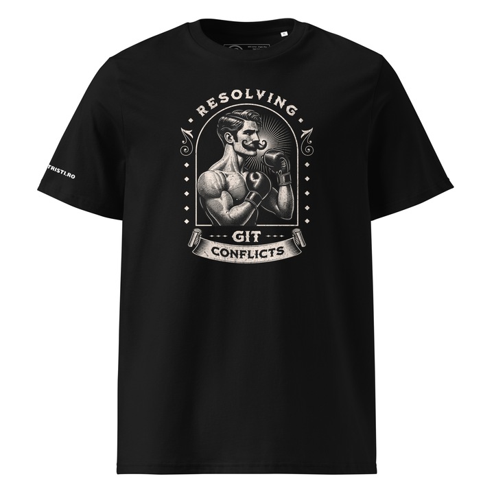 Tricou personalizat unisex programatori "Resolving Git conflicts", Corporatristi.ro, bumbac organic, print rezistent