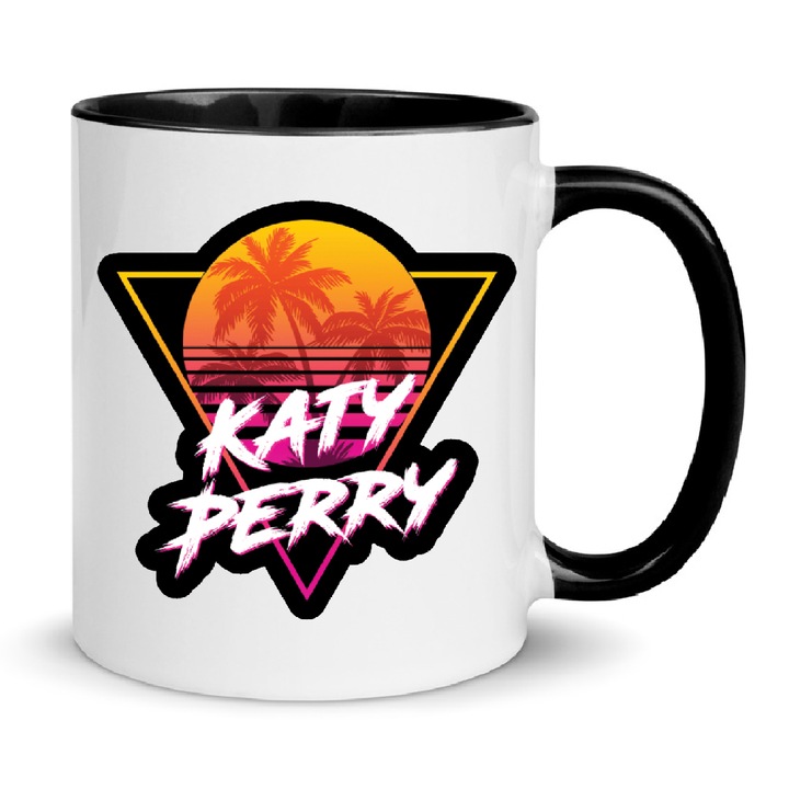 Cana ceramica Katy Perry No8, 330ml, alb cu negru, design modern, rezistent la masina de spalat vase