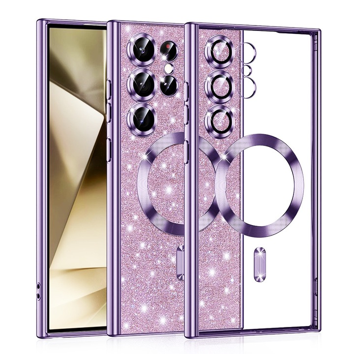 Husa 2in1 Glitter MagSafe pentru Samsung Galaxy S24 Ultra, Protectie completa, Design Trendy Spark, Luxury Perfect Fit, Incarcare Magnetica, Mov Deschis