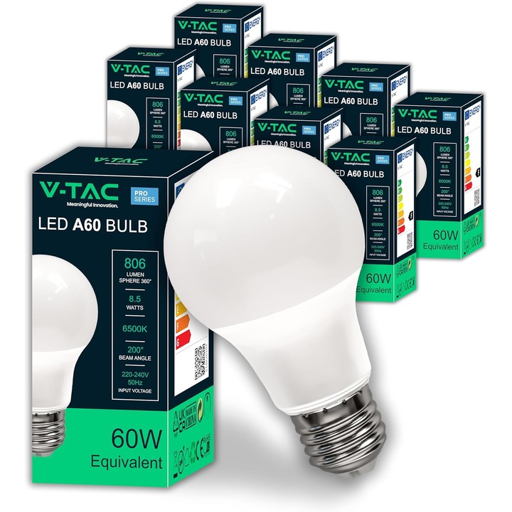 Bec LED V-TAC A60 E27 8.5W Alb Rece 6500K 806lm Economie Energie