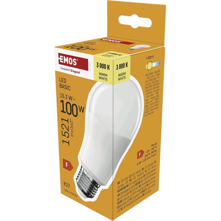 LED крушка EMOS BASIC A60, E27, Топло Бяла, 1521 lm, 15.3W
