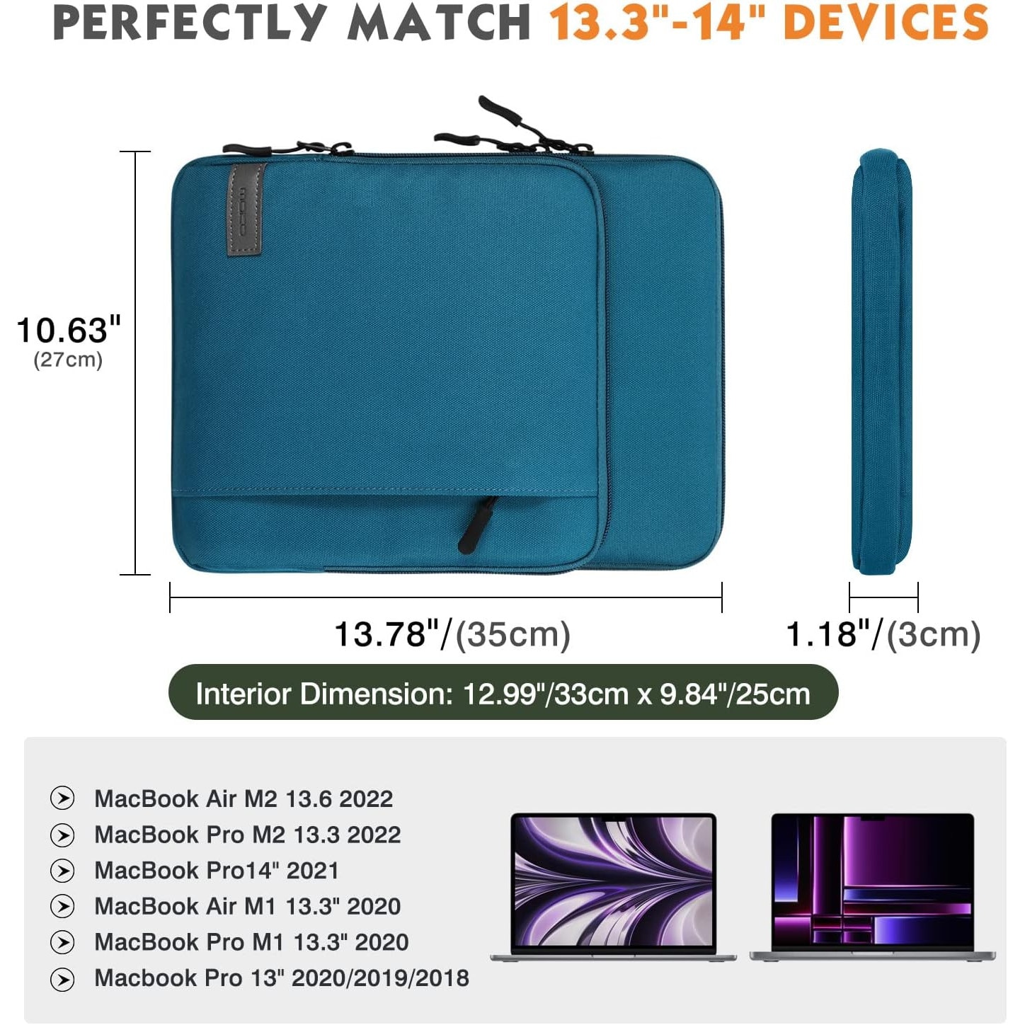 Husă Laptop 13.3" MoKo, Albastru, rezistent la apă, compartiment pentru accesorii