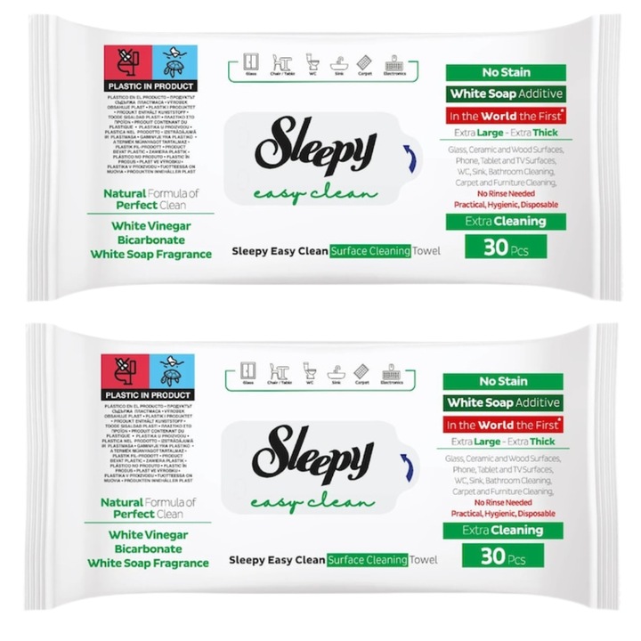 Set 2x Servetele umede curatenie cu Otet si Bicarbonat Sleepy Easy Clean Herbal Soap Additive, 30 buc