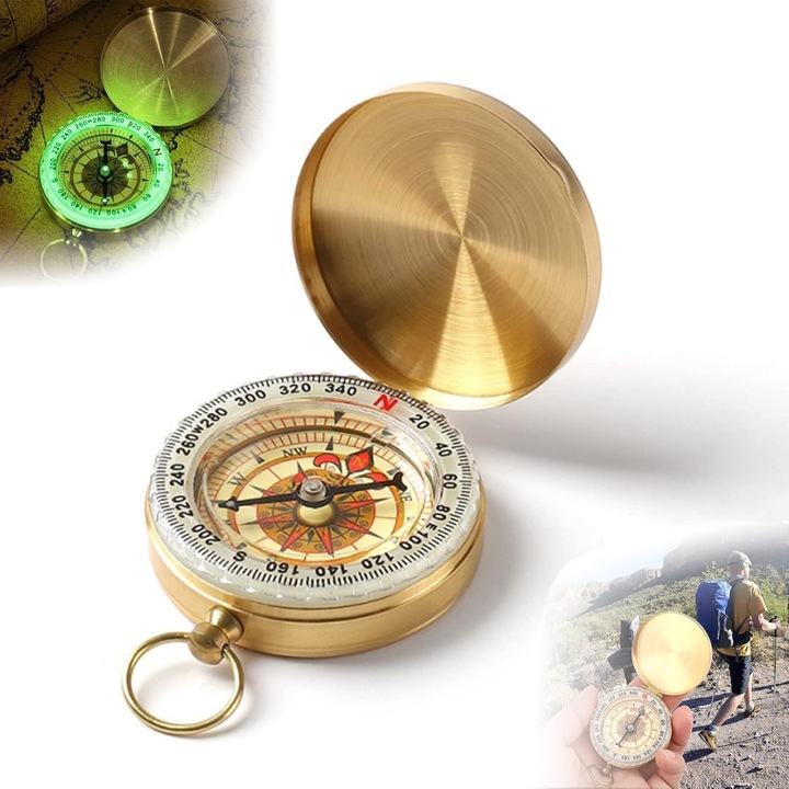 Busola de navigatie, cupru, design vintage, impermeabil, compact, pentru activitati in aer liber