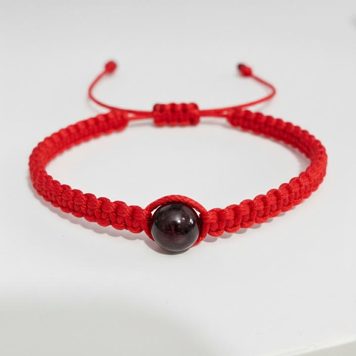 Bratara macrame, LuckyLu, cu piatra granat, reglabila, rosu, 16x22cm