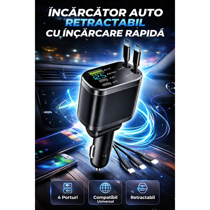 Incarcator Auto Rapid 5-in-1 cu Cabluri Retractabile Integrate, Compatibil cu USB-C, Lightning (Apple)
