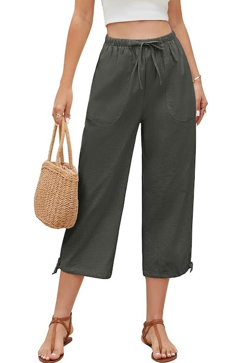 Pantaloni de vara PASUDA pentru femei, din bumbac si in, cu talie inalta, elastici, cu snur, largi, casual, usori, cu buzunare, gri, marime 2XL