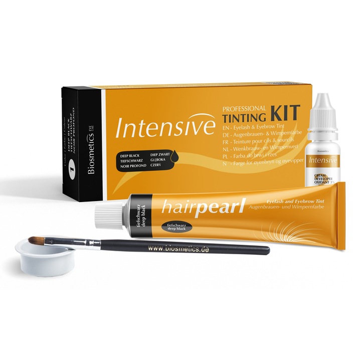 Set Pentru Henna Sprancene Si Gene, Intensive Eyepearl, Vopsea Pentru Sprancene Si Gene Intensive Eyepearl Brown, Activator (Crema Oxidanta 3%), Castron Pentru Amestecare Si Spatula, Perie Pentru Aplicare, Maro