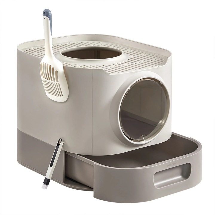 FEANDREA Litiera pentru pisici XXL cu capac, tava extensibila si accesorii incluse, din plastic PP, 54x43x40 cm, gri deschis