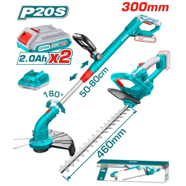 Set masina de tuns iarba si foarfeca de tuns gard viu, Total, 20V, 2 acumulatori 2Ah, multicolor