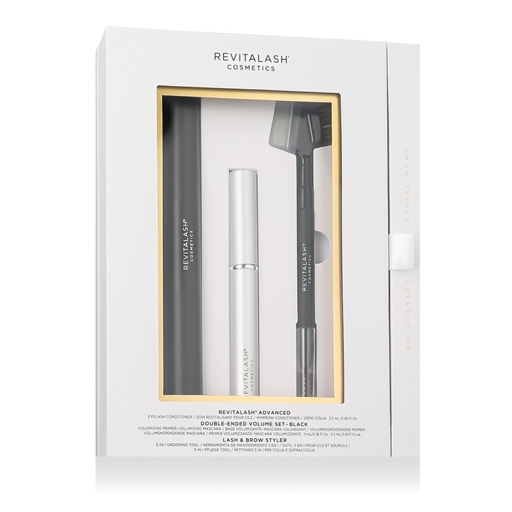 Set makeup RevitaLash Colectia Triple Threat, serum de crestere frunze, mascara, pensula sprancene, multicolor