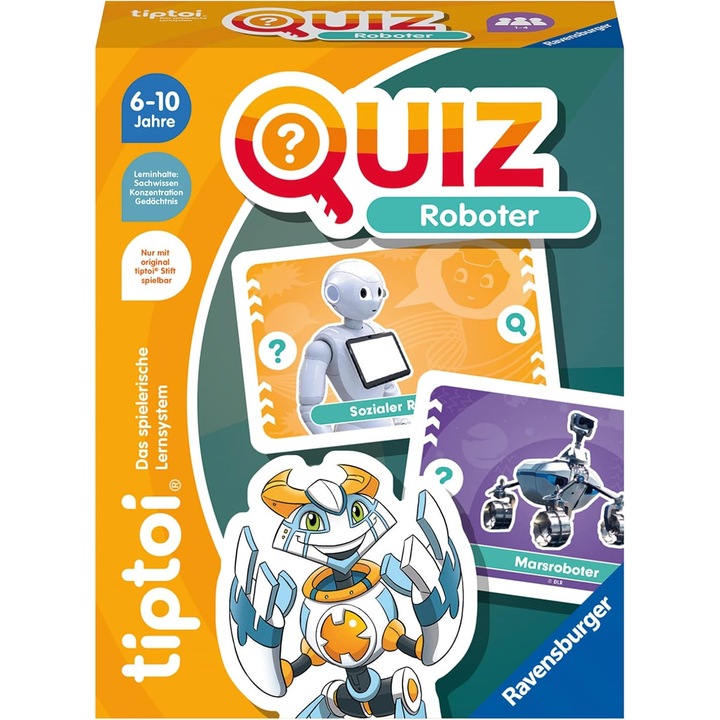 Joc de societate Ravensburger tiptoi Quiz Robot, interactiv, 36 cartonase colorate, pentru copii peste 6 ani
