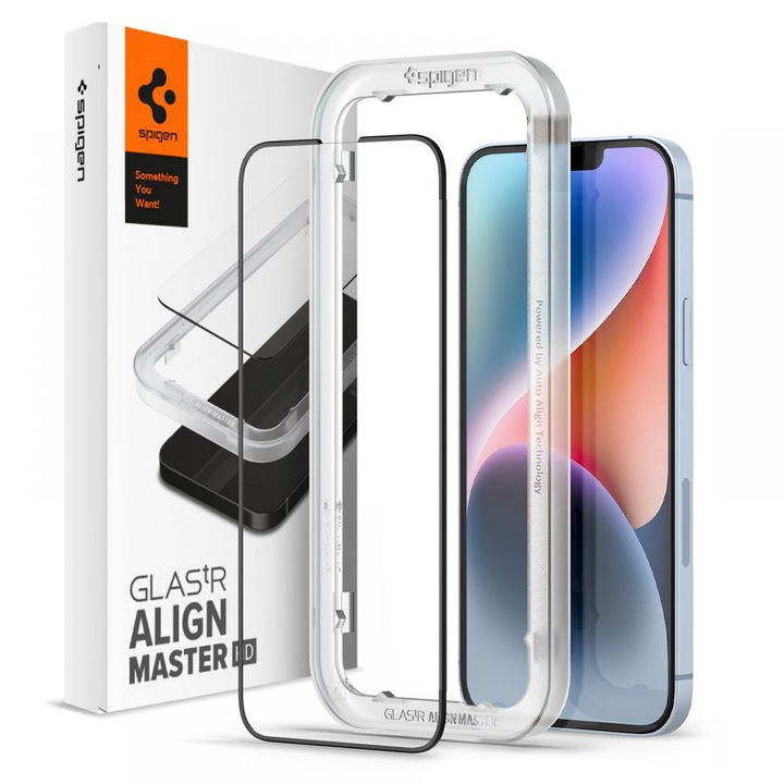 Folie protectie compatibila cu iPhone 13 / iPhone 13 Pro / iPhone 14 / iPhone 16e / iPhone 17e, Spigen, Glas.tR Align Master (AGL03725), negru