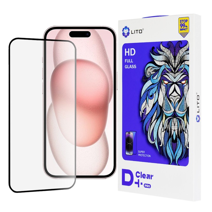 Folie telefon Lito D+ Pro Clear, sticlă securizată, negru, transparentă, pentru iPhone 15