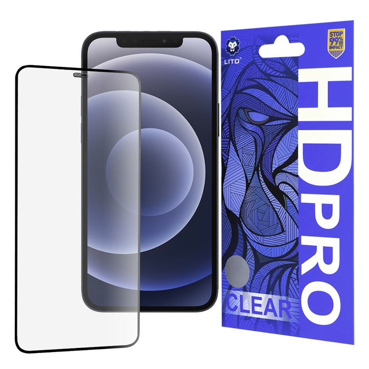 Lito HD Pro Clear telefonfólia, edzett üveg, fekete, iPhone 12 / iPhone 12 Pro készülékhez