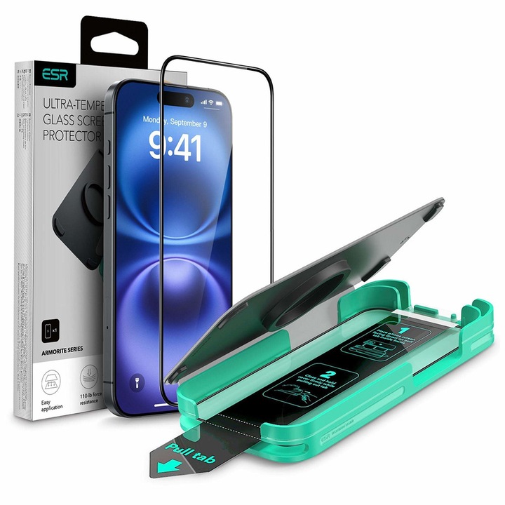 Защитен калъф, съвместим с протектор за екран Armorite, ESR, iPhone 16 Pro Max - черен