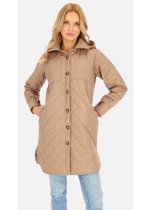 Geaca de primavara pentru femei, Perso, bej inchis, gluga detasabila, 2 buzunare ascunse