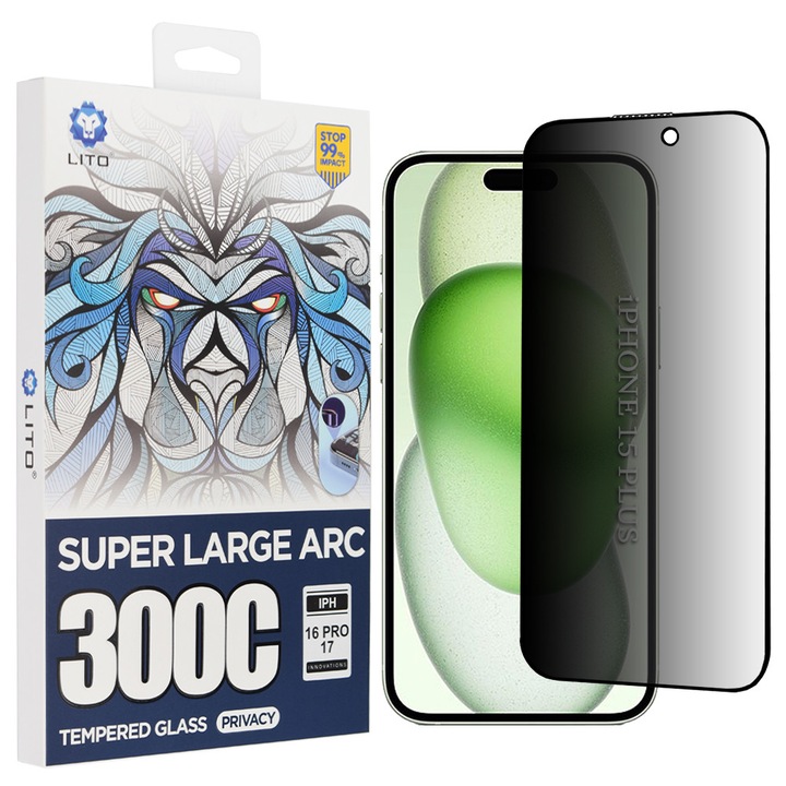 Folie telefon Lito D+ Max Privacy, sticlă securizată, negru, pentru iPhone 15 Plus