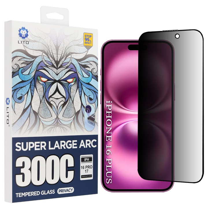 Folie telefon Lito D+ Max Privacy, sticlă securizată, negru, pentru iPhone 16 Plus