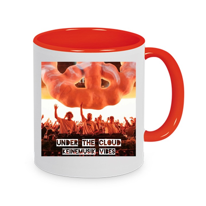 Cana ceramica Keinemusik No4, 330ml, alb cu rosu, rezistenta la masina de spalat vase