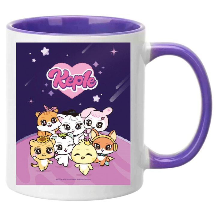 Cana Kep1er, ceramica, 330ml, alb cu detalii mov, rezistenta la masina de spalat vase