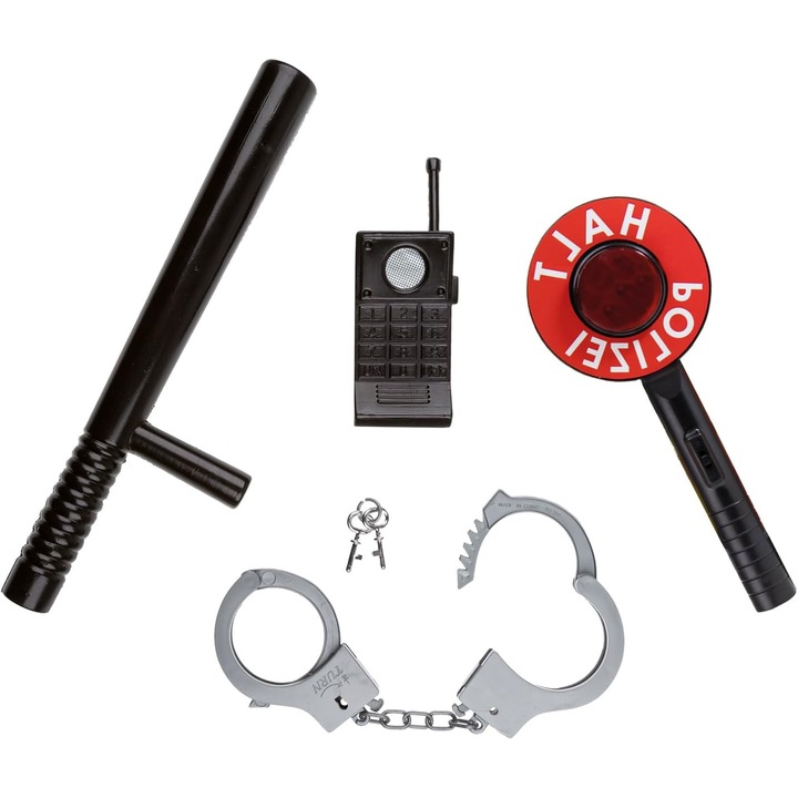 Set accesorii de Poliție de jucarie, Idena 90256, 4 Piese, Baton, Walkie-Talkie, Multicolor