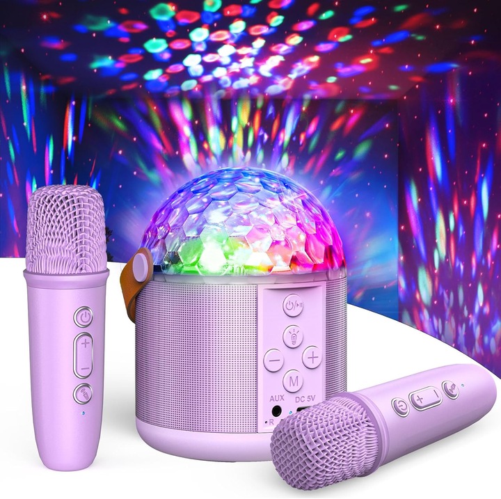 Sistem Karaoke cu 2 Microfoane Bluetooth, Dislocati, Lumini Disco, Efecte Vocale, 530g