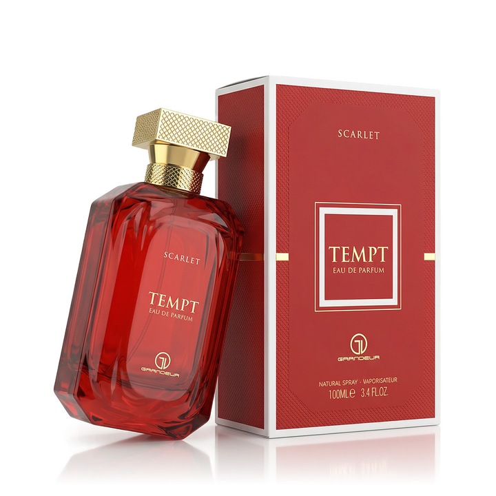 Apa de parfum Grandeur Tempt Scarlet, 100 ml, unisex, note fructuoase și florale, roșu
