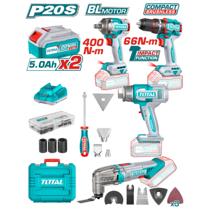 TOTAL INDUSTRIAL set de scule fara fir, 20 V, 2 x 5 Ah