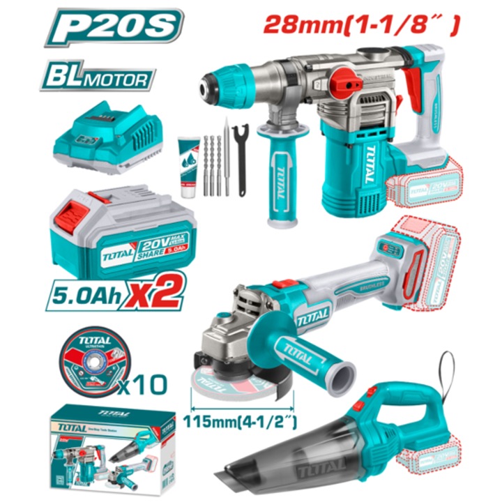 TOTAL TOSLI240785E set de scule fara fir, 20 V, 2 x 5 Ah