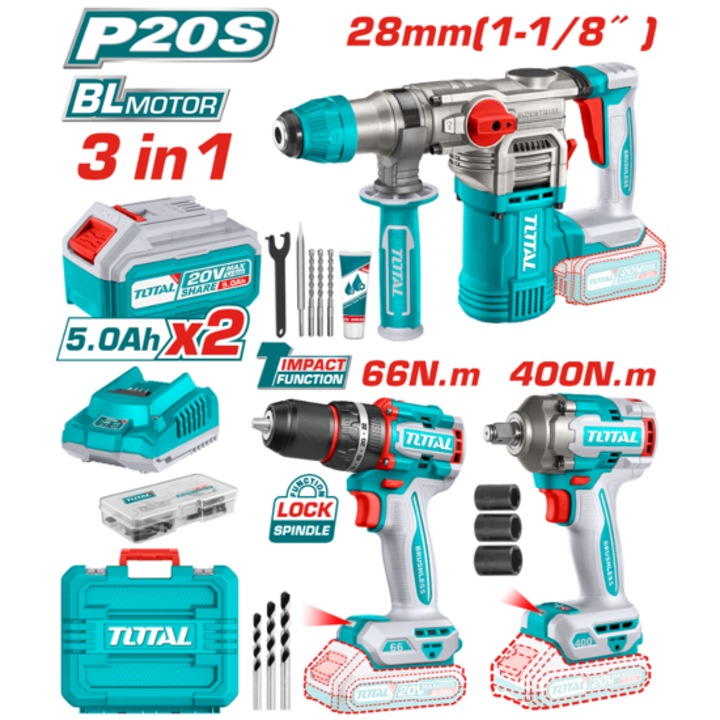 TOTAL TCKLI20638E set de scule fara fir, 20 V, 2 x 5 Ah