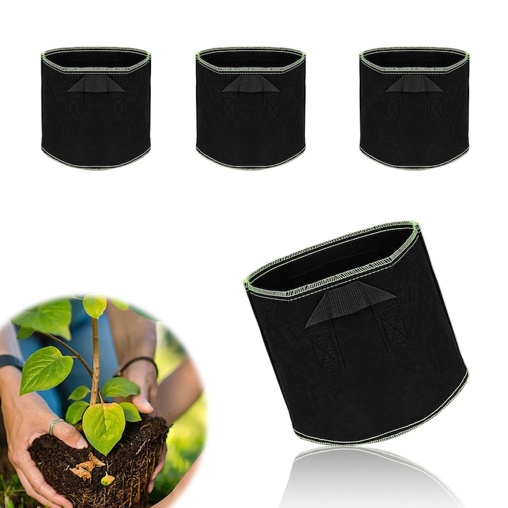 Set 4 ghivece textile HERKINDNESS 11L pentru plante, flori si legume, 25x22 cm