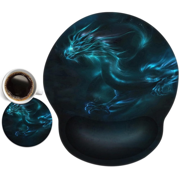 Mousepad ergonomic Newplenty cu gel, suport pentru pahar, albastru cosmic, 23x25cm, 10x10cm