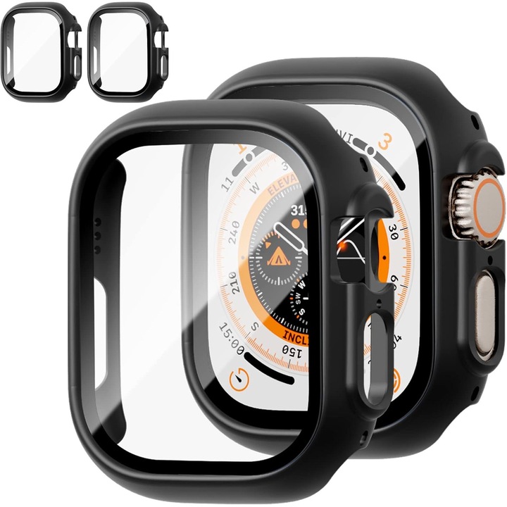 Set 2 Buc Husa Protectie pentru Apple Watch Ultra 49mm, Carcasa PC cu Sticla Securizata 9H, Negru