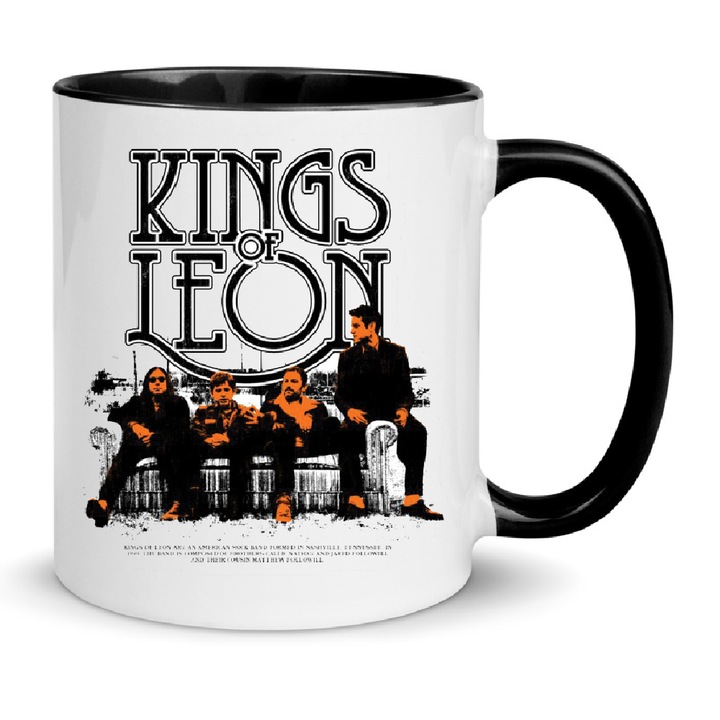 Cana ceramica Kings of Leon, 330ml, alb cu negru, rezistenta la masina de spalat vase