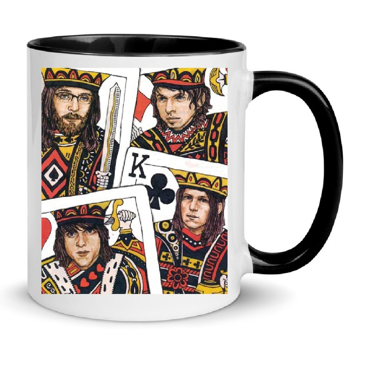 Cana ceramica Kings of Leon, 330ml, alb cu negru, rezistenta la masina de spalat vase