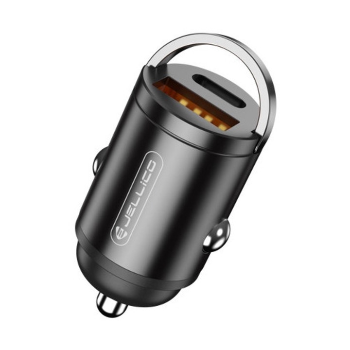 Incarcator Auto Fast Charge Jellico F19, 30W Power Delivery si Quick Charge 3.0, 1x USB-C, 1x USB-A, Negru