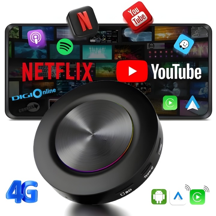Adaptor Wireless CarPlay & Android Auto goBERA® AI Box cu Android 15, 8GB RAM + 128GB Stocare, Procesor Qualcomm Octa-Core 6350, Slot 4G SIM, Redare 4K, Ambient Light 7 Culori, Plug & Play, GPS Integrat, Split Screen, Mirror Function si Control Vocal Inte