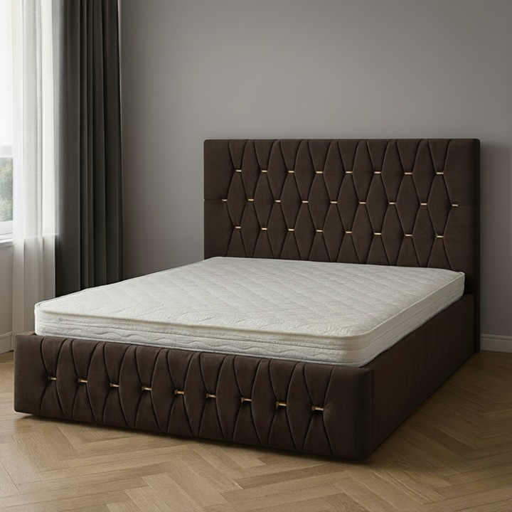 Pat tapitat Ana, maro, 160x200 cm, cu suport saltea din pal, tapiterie premium, detalii geometrice