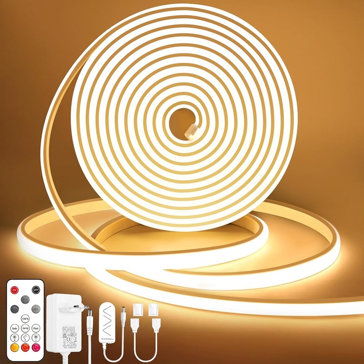 Bandă LED COB, Lamomo, 5m alb cald cu telecomandă, lumină uniformă „neon” fără puncte vizibile
