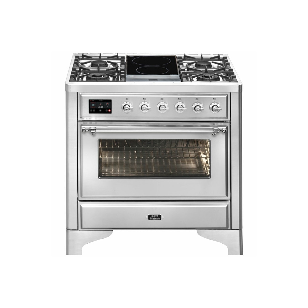 Aragaz pe gaz premium ILVE, Majestiv, 90 cm, clasa A+, 4 arzatoare, 2 zone inductie, cuptor electric 65 litri, design vintage, timer, usa cuptor cu 3 straturi de sticla, gatire ECO, dezghetare, 16 functii de gatire multiple, iluminare interioara, inox