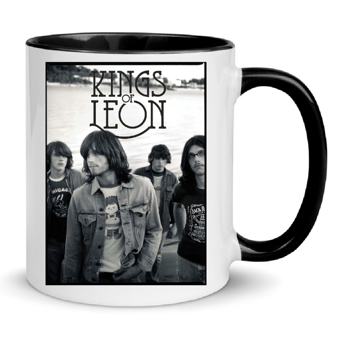 Cana ceramica Kings of Leon, 330ml, alb cu negru, ergonomic, lavabila la masina de spalat
