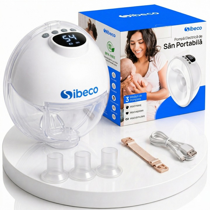 Pompa Electrica de San SIBECO FB 608, Portabila, Hands-Free, 3 Moduri Inteligente (Masaj, Stimulare, Extragere), 9 Niveluri Intensitate, 300 mmHg, Silentioasa